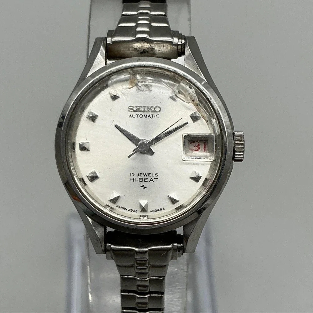 Vintage Seiko Womens Watch 22mm Silver Dial Auto Date Hi Beat Chipped Crystal